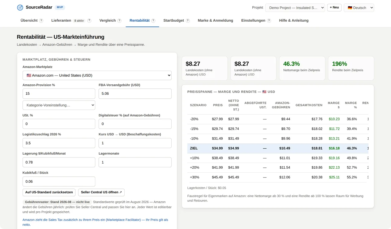 Rentabilität — SourceRadar : Landed Cost, Amazon-Gebühren, Break-even, Höchstpreis.