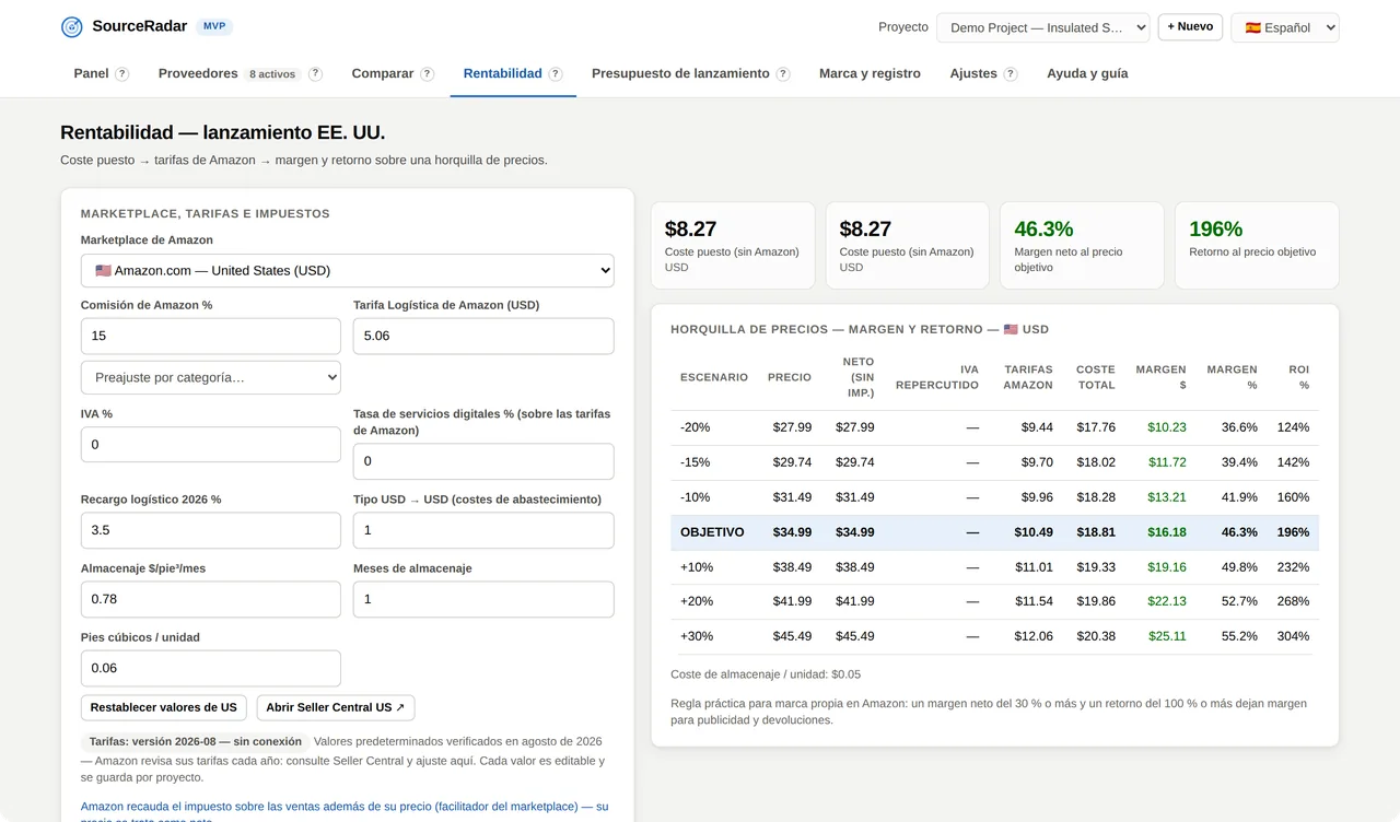 Rentabilidad — SourceRadar : Coste puesto, tarifas de Amazon, equilibrio, precio techo.